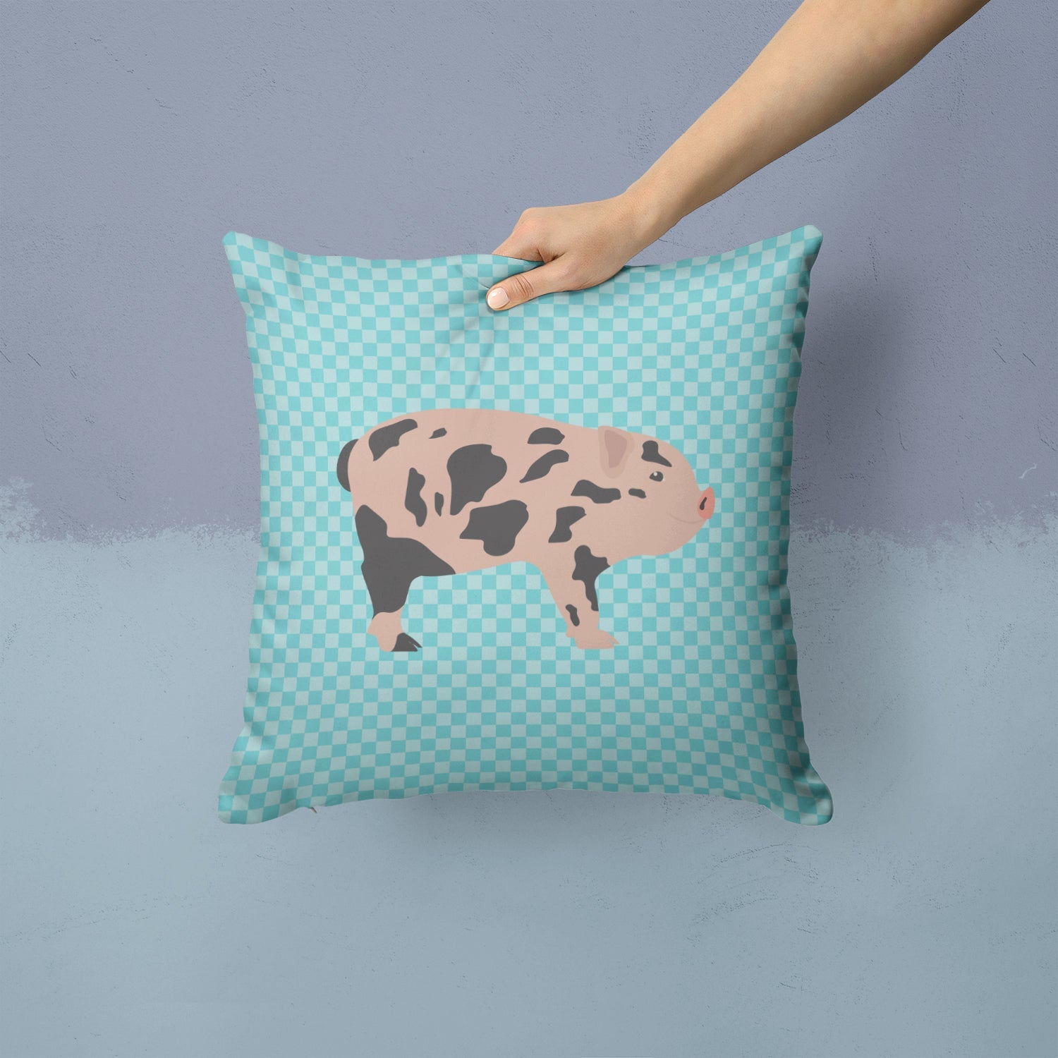 Mini Miniature Pig Blue Check Decorative Throw Pillow 14x14 Indoor Outdoor Accent Cushion, Fabric Cover with Insert for Sofa, Bed, Porch & Living Room