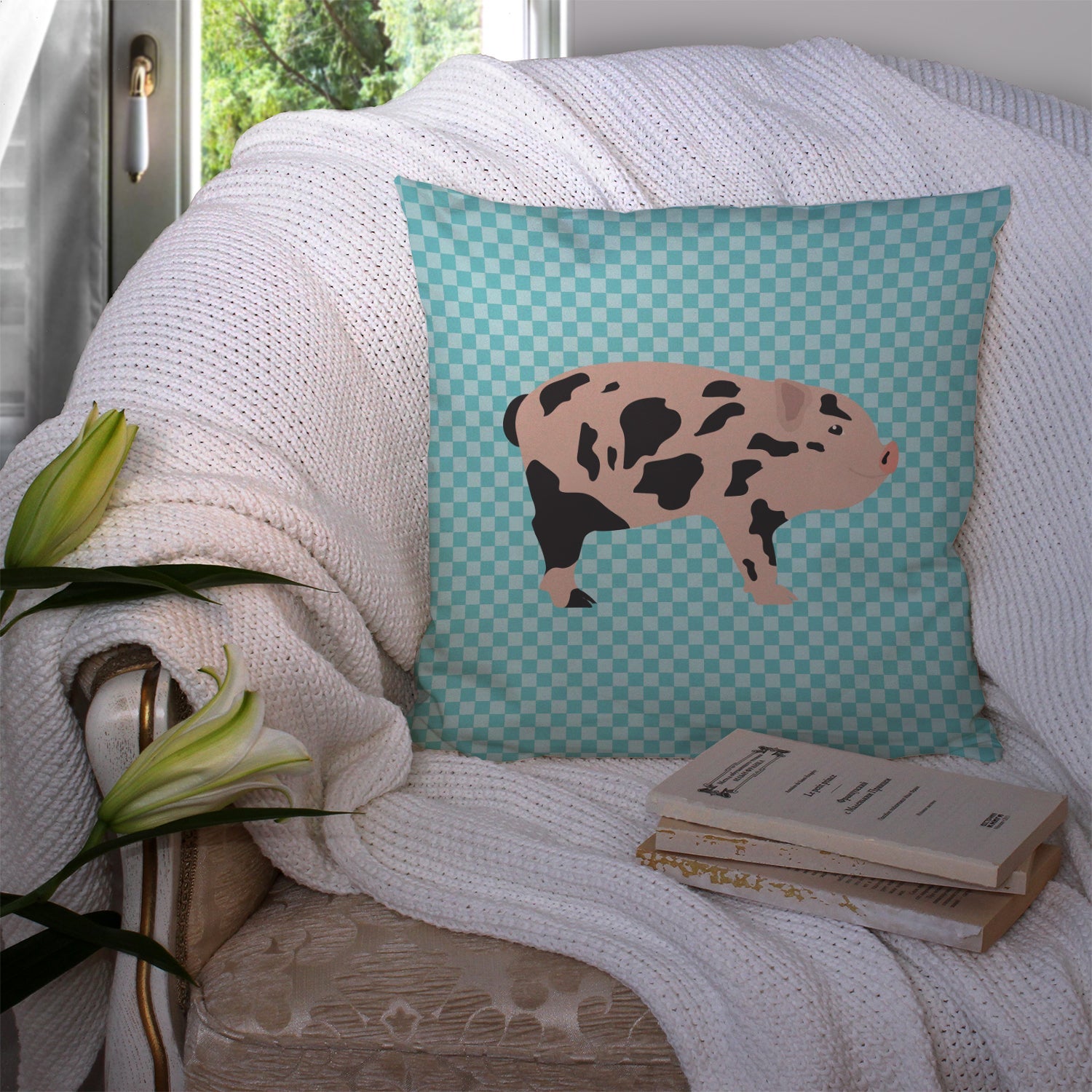 Mini Miniature Pig Blue Check Decorative Throw Pillow 14x14 Indoor Outdoor Accent Cushion, Fabric Cover with Insert for Sofa, Bed, Porch & Living Room