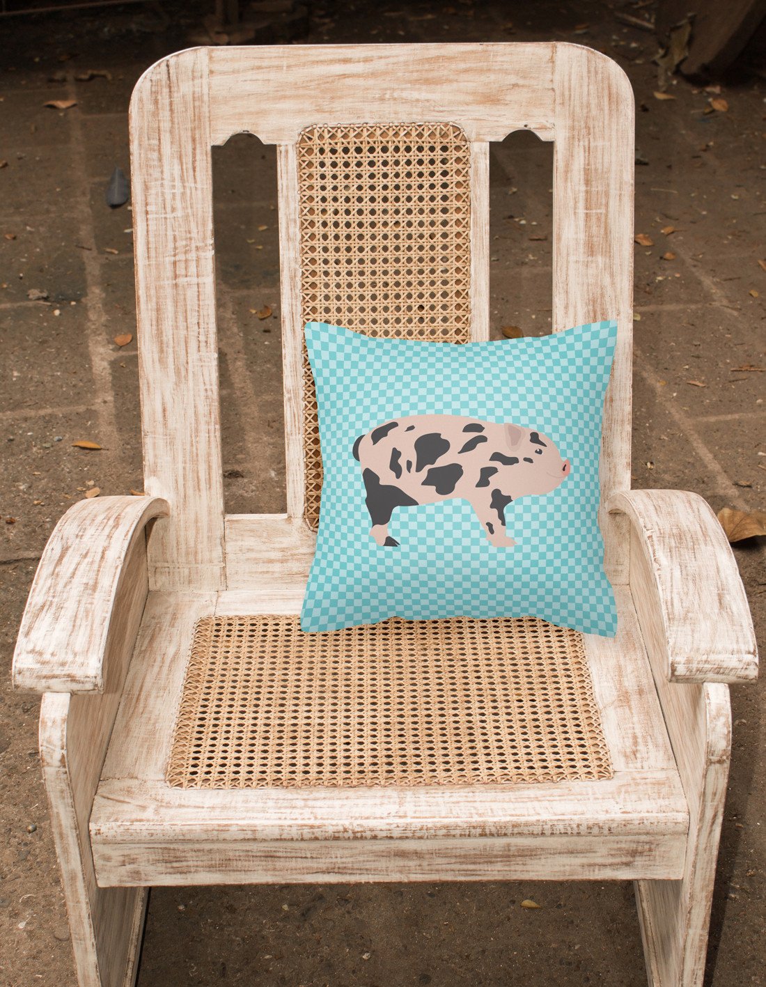 Mini Miniature Pig Blue Check Decorative Throw Pillow 18x18 Indoor Outdoor Accent Cushion, Fabric Cover with Insert for Sofa, Bed, Porch & Living Room