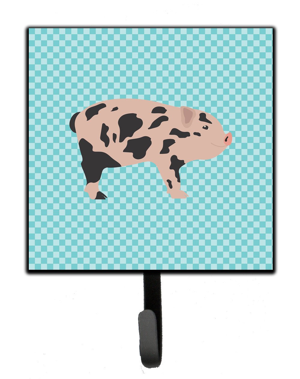 Mini Miniature Pig Blue Check Leash or Key Holder Wall Hooks, Key Hooks Holder, Coat Rack Wall Mount, Coat Hooks, Hooks for Hanging Keys, Towels, Aprons, Leashes