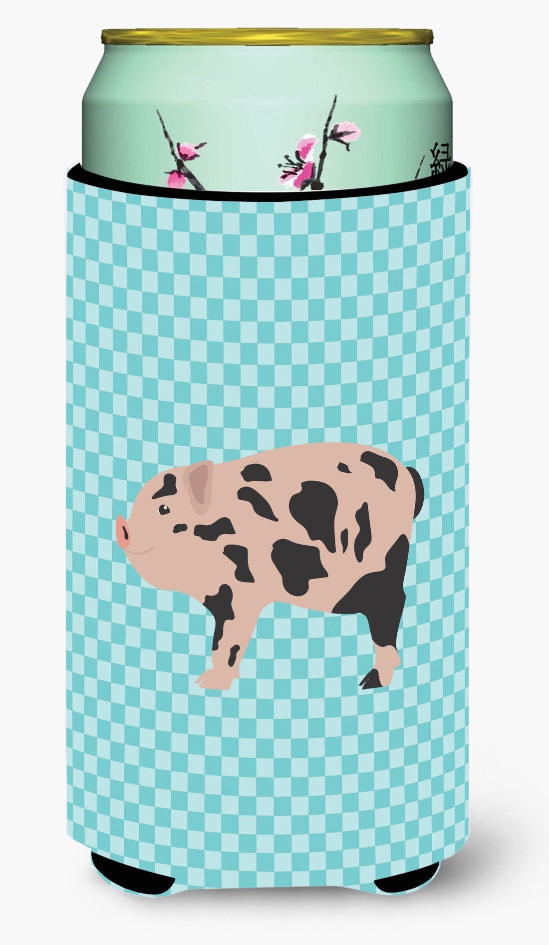 Mini Miniature Pig Blue Check Tall Boy Hugger Can Cooler Sleeve Machine Washable Drink Collapsible Insulator Beverage Insulated Holder