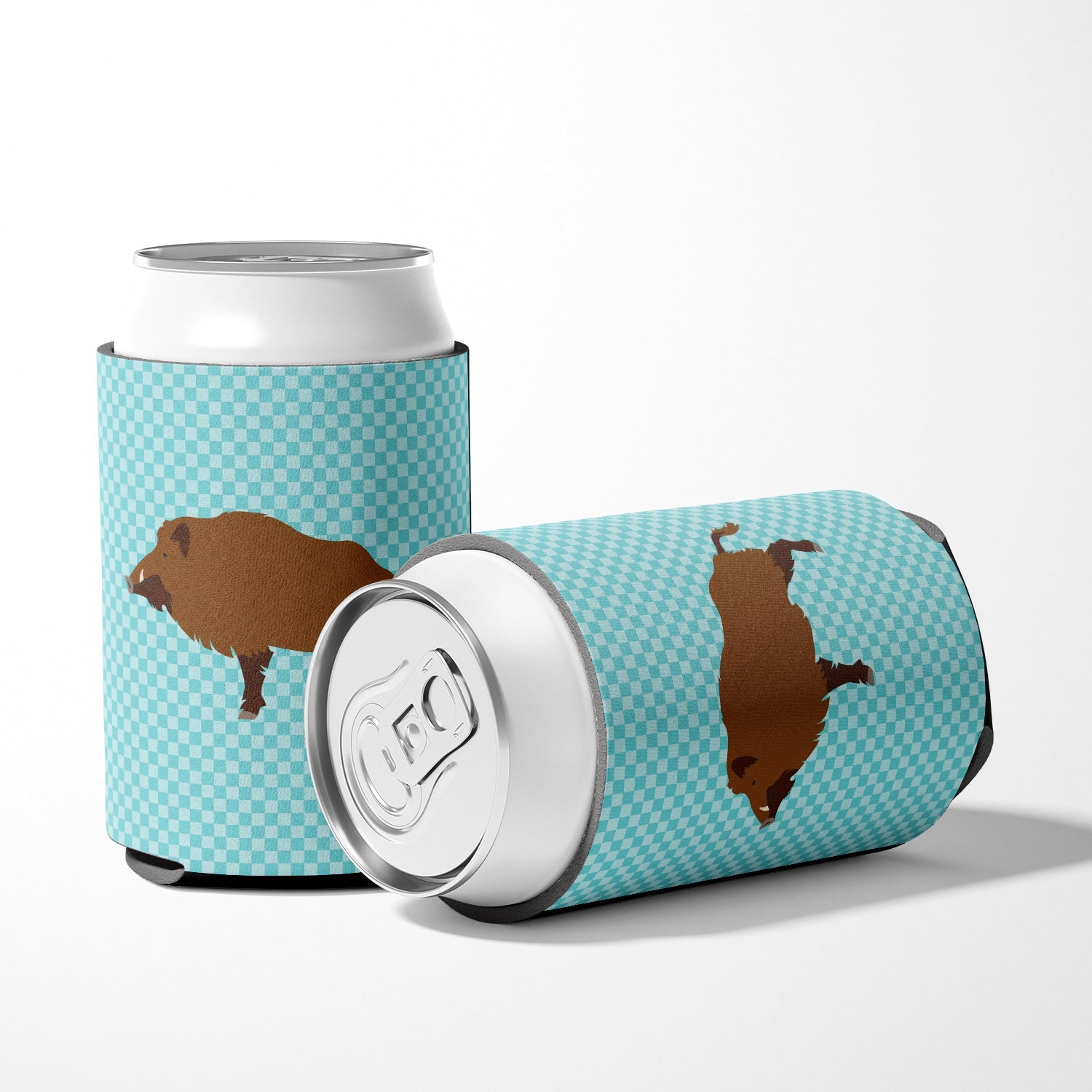 Wild Boar Pig Blue Check Can or Bottle Hugger Cooler Sleeve for Standard 12 oz Cans, Insulated Foam Beer & Soda Can Hugger Reusable