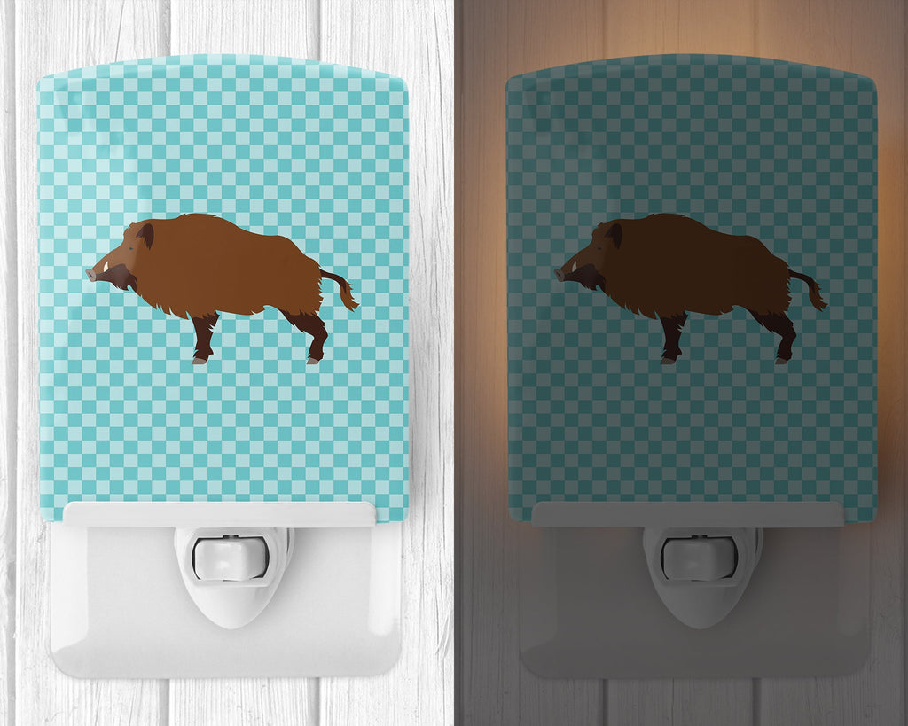 Wild Boar Pig Blue Check Ceramic Night Light Compact, UL-Certified, Ideal for Bedroom, Bathroom, Nursery, Hallway, Kitchen, 6x4x3, Multicolor