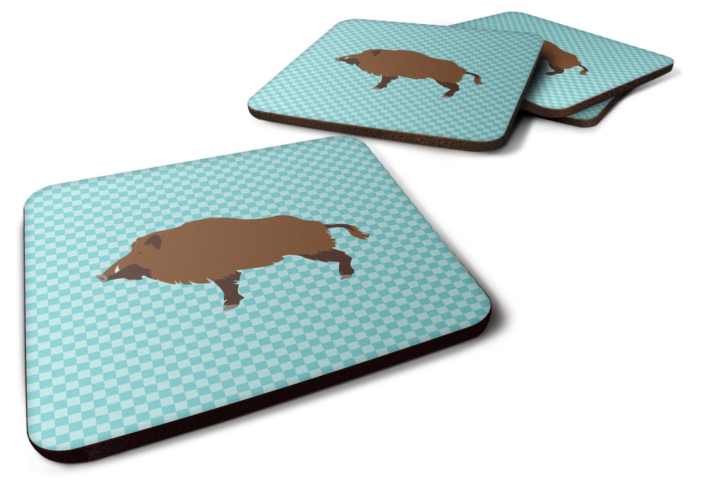 Wild Boar Pig Blue Check Foam Coasters Set of 4 Cup Coasters for Indoor Outdoor, Tabletop Protection, Anti Slip, Mouse pad Material