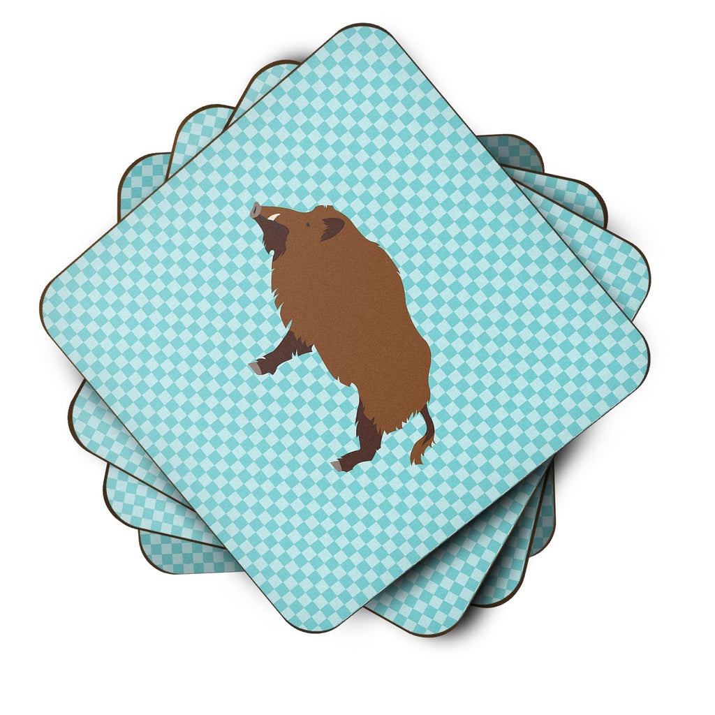 Wild Boar Pig Blue Check Foam Coasters Set of 4 Cup Coasters for Indoor Outdoor, Tabletop Protection, Anti Slip, Mouse pad Material