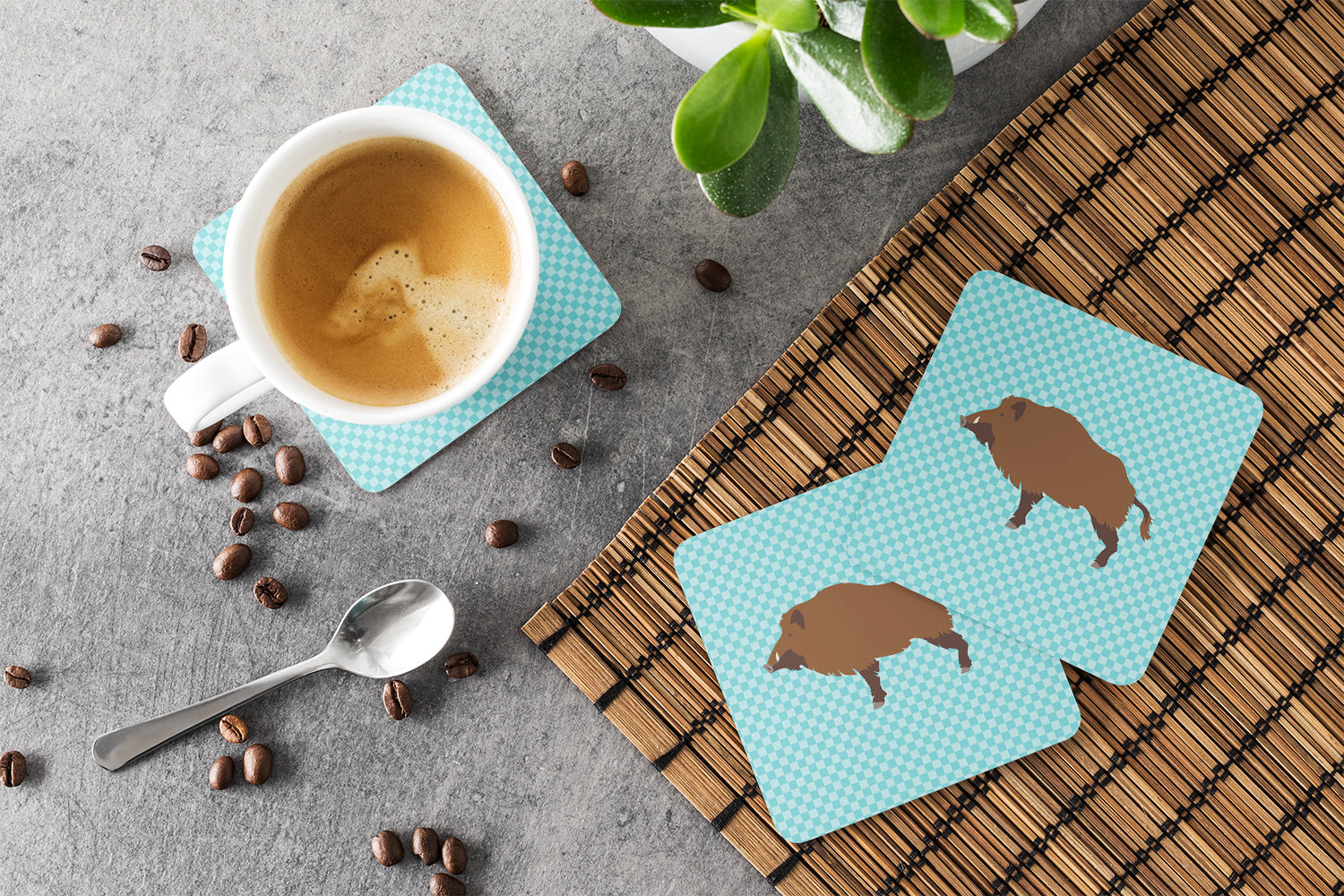 Wild Boar Pig Blue Check Foam Coasters Set of 4 Cup Coasters for Indoor Outdoor, Tabletop Protection, Anti Slip, Mouse pad Material