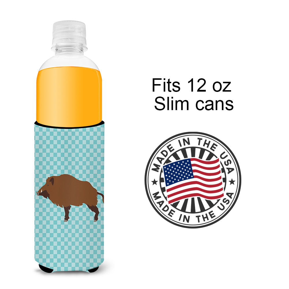 Wild Boar Pig Blue Check Slim Can Hugger , Insulated Foam Hugger for 12 oz Slim Cans, Beer Bottles & Water Bottles, Printed in USA