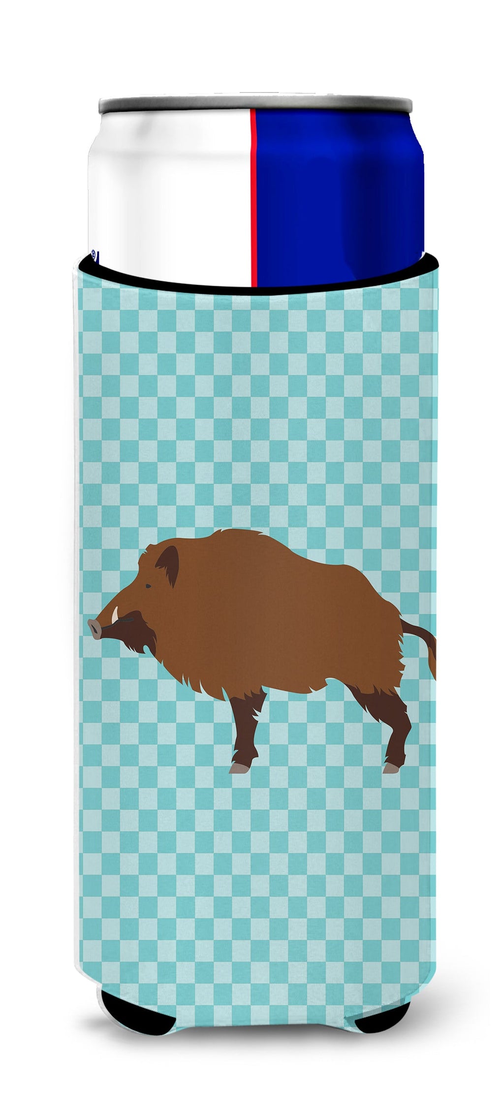 Wild Boar Pig Blue Check Slim Can Hugger , Insulated Foam Hugger for 12 oz Slim Cans, Beer Bottles & Water Bottles, Printed in USA