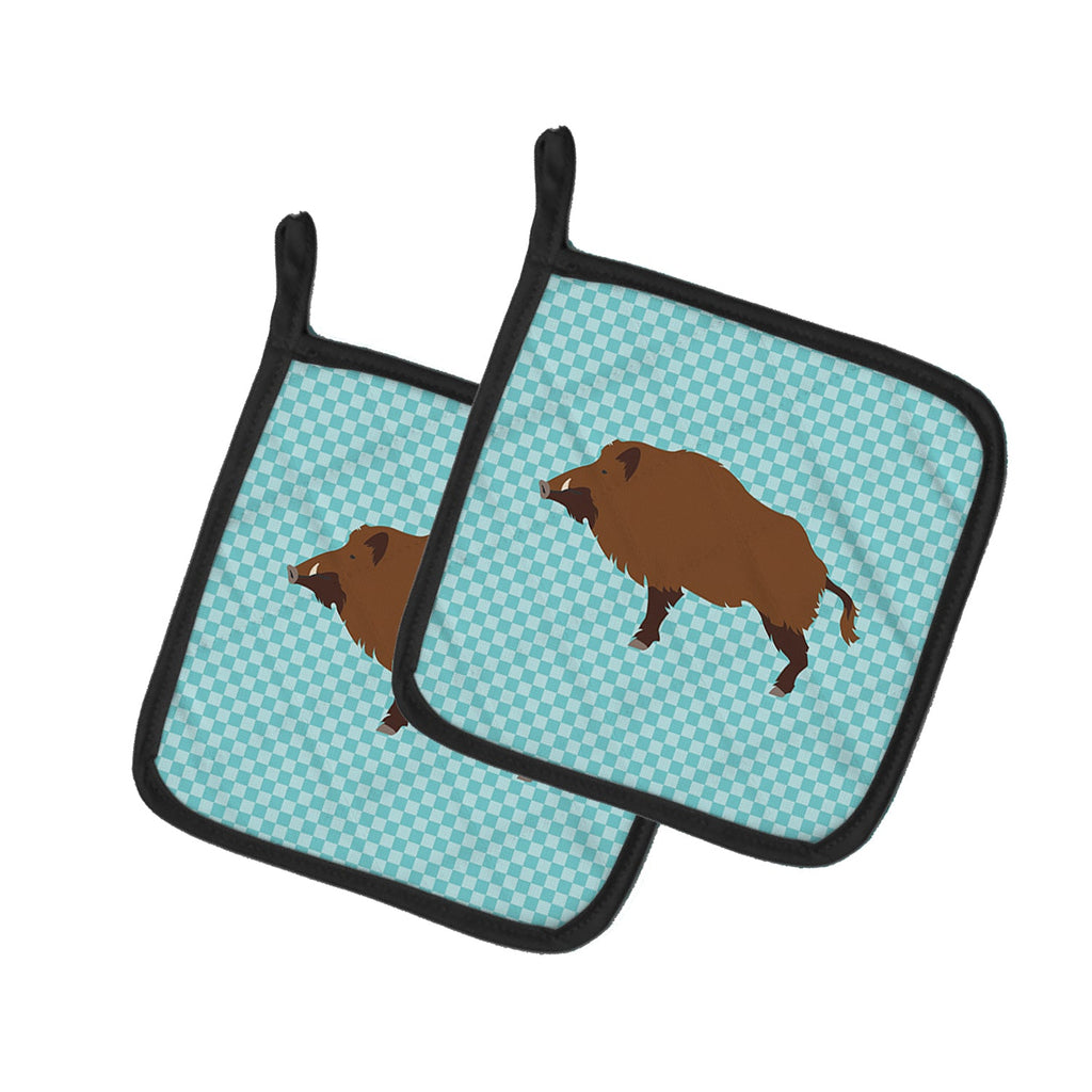 Wild Boar Pig Blue Check Pot Holder Set of 2 Heat Resistant Quilted Hot Pads 7.5 x 7.5 Inch, Insulated Kitchen Trivets for Cooking & Baking