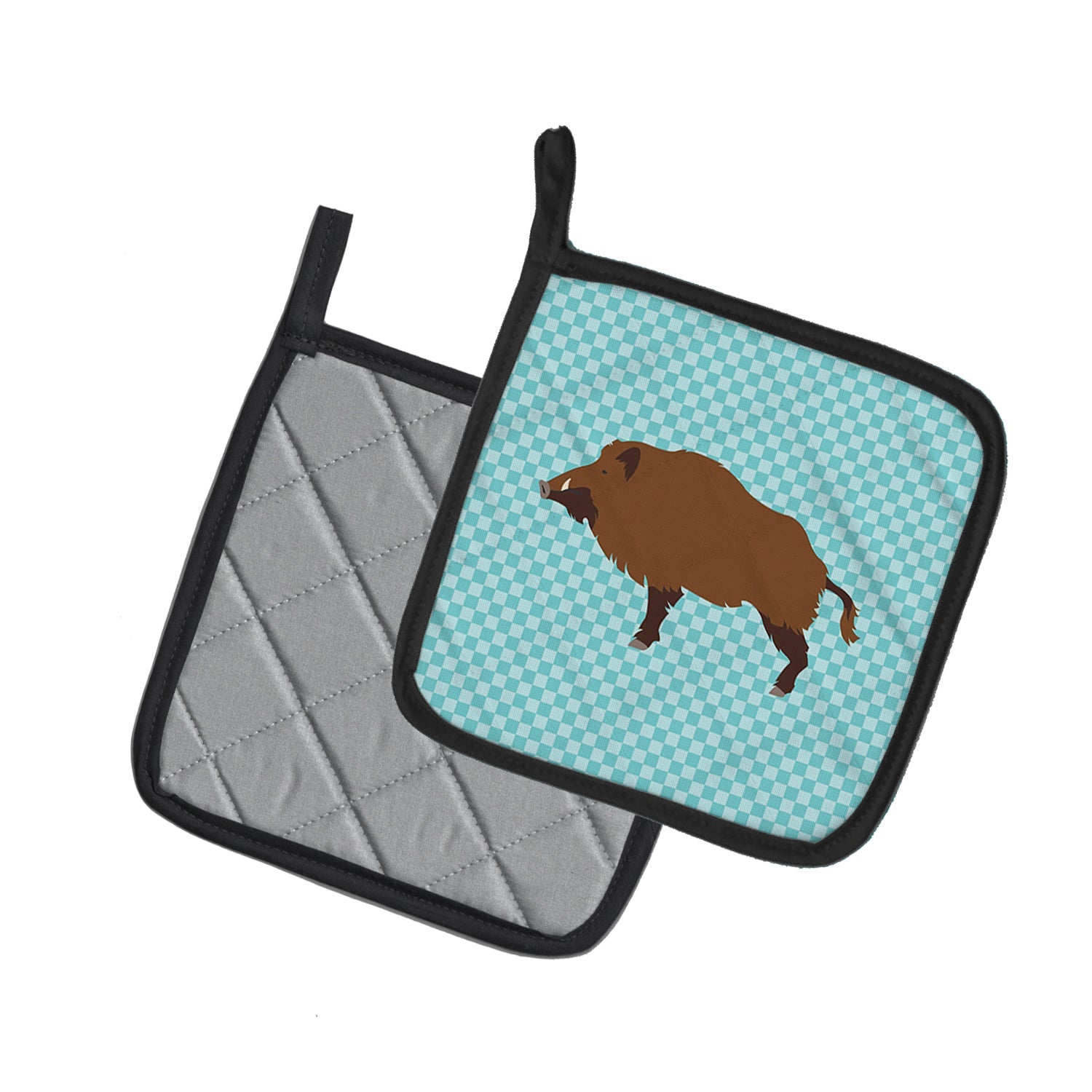 Wild Boar Pig Blue Check Pot Holder Set of 2 Heat Resistant Quilted Hot Pads 7.5 x 7.5 Inch, Insulated Kitchen Trivets for Cooking & Baking