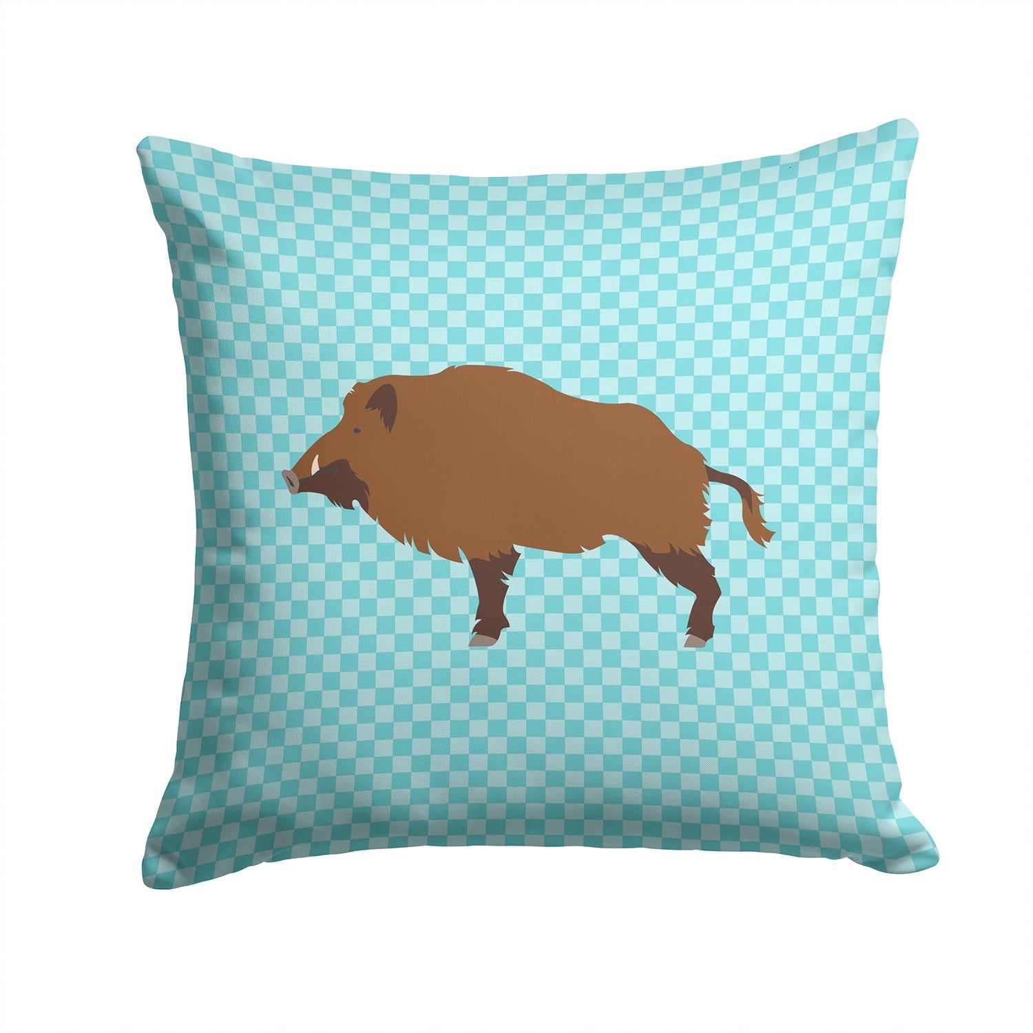 Wild Boar Pig Blue Check Decorative Throw Pillow 14x14 Indoor Outdoor Accent Cushion, Fabric Cover with Insert for Sofa, Bed, Porch & Living Room