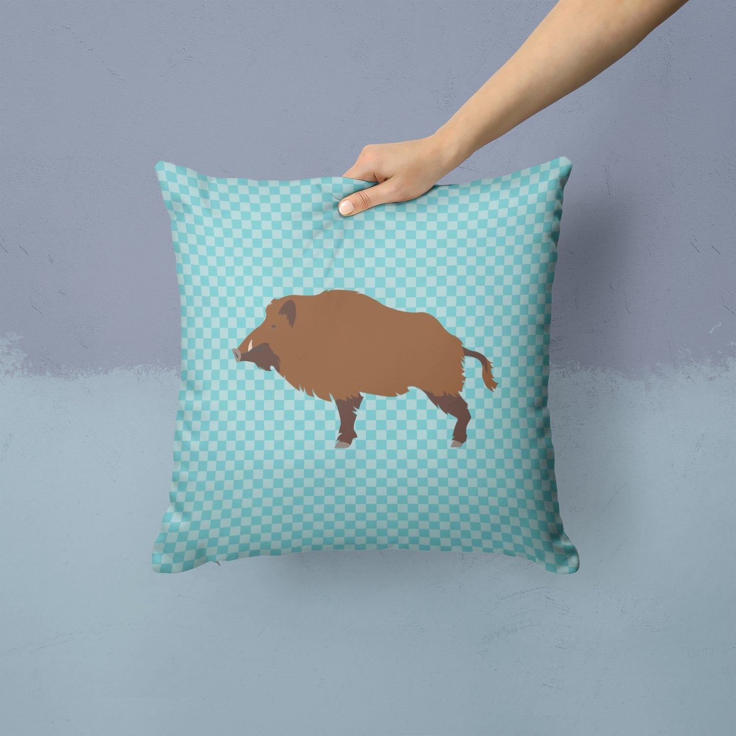 Wild Boar Pig Blue Check Decorative Throw Pillow 14x14 Indoor Outdoor Accent Cushion, Fabric Cover with Insert for Sofa, Bed, Porch & Living Room