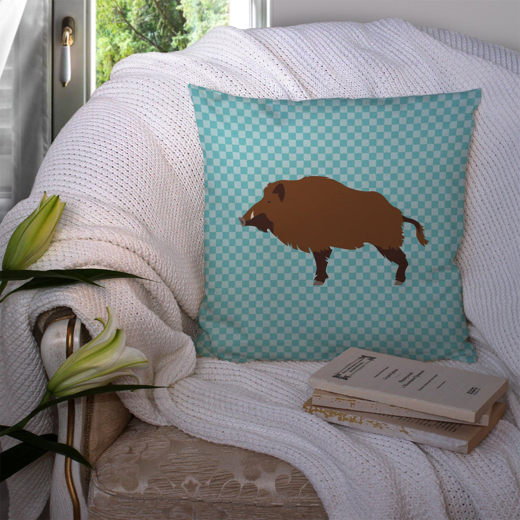 Wild Boar Pig Blue Check Decorative Throw Pillow 14x14 Indoor Outdoor Accent Cushion, Fabric Cover with Insert for Sofa, Bed, Porch & Living Room