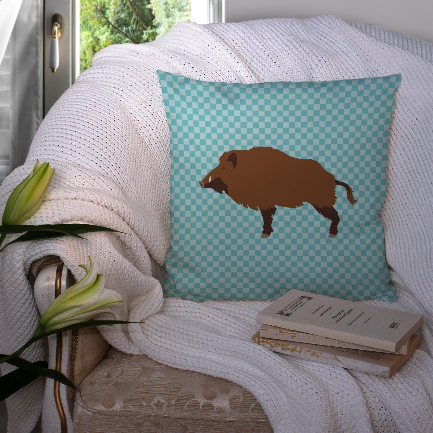 Wild Boar Pig Blue Check Decorative Throw Pillow 14x14 Indoor Outdoor Accent Cushion, Fabric Cover with Insert for Sofa, Bed, Porch & Living Room
