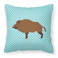 Wild Boar Pig Blue Check Decorative Throw Pillow 18x18 Indoor Outdoor Accent Cushion, Fabric Cover with Insert for Sofa, Bed, Porch & Living Room