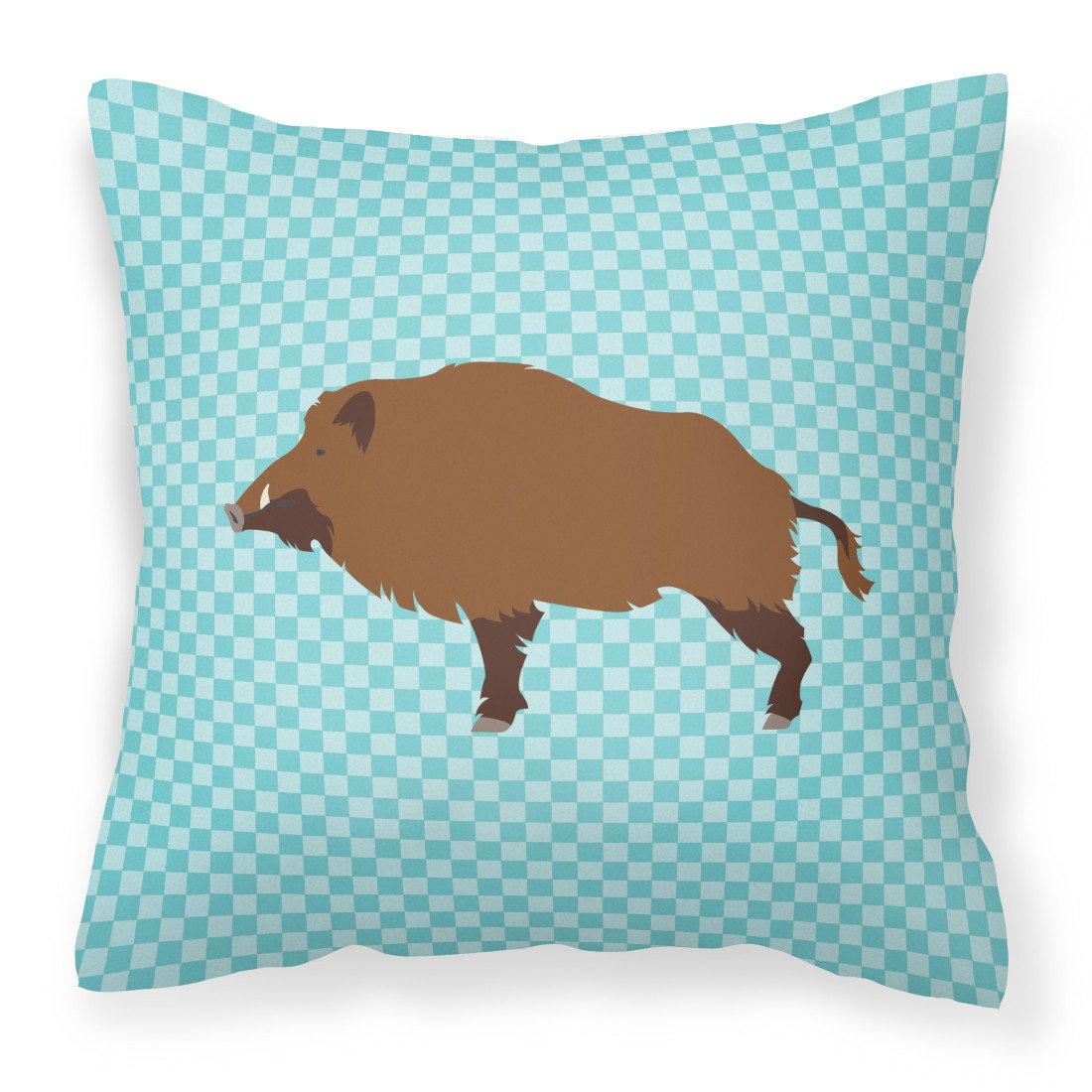 Wild Boar Pig Blue Check Decorative Throw Pillow 18x18 Indoor Outdoor Accent Cushion, Fabric Cover with Insert for Sofa, Bed, Porch & Living Room