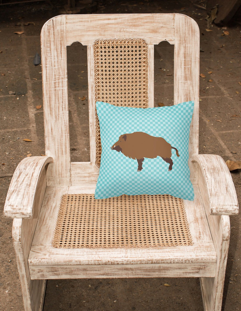 Wild Boar Pig Blue Check Decorative Throw Pillow 18x18 Indoor Outdoor Accent Cushion, Fabric Cover with Insert for Sofa, Bed, Porch & Living Room