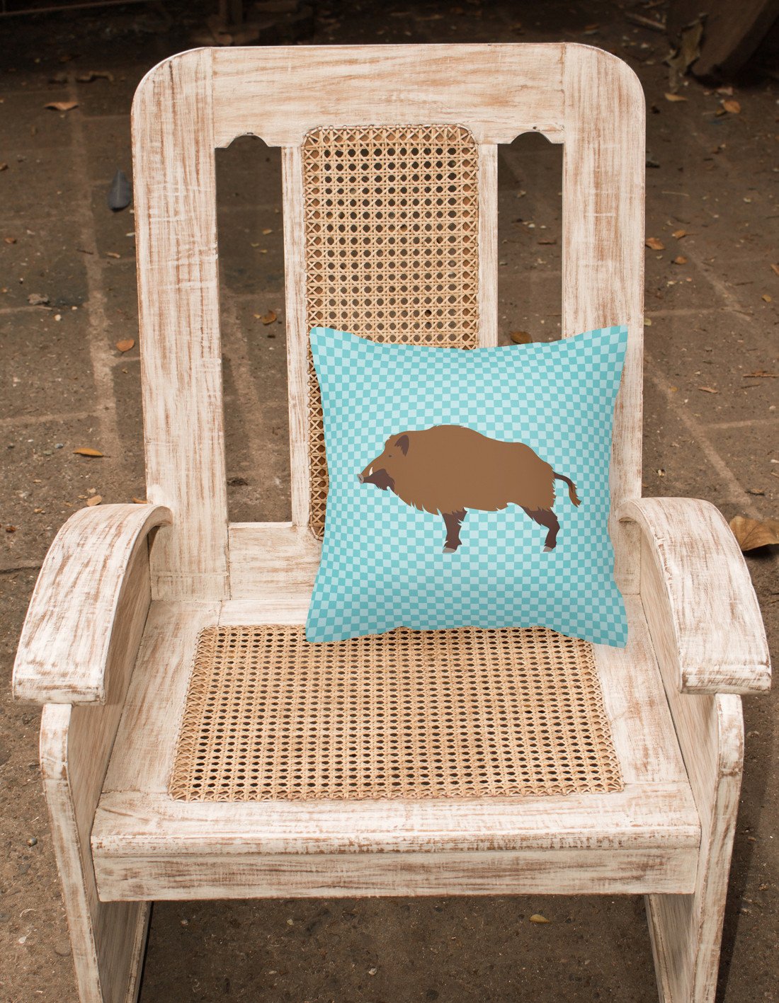 Wild Boar Pig Blue Check Decorative Throw Pillow 18x18 Indoor Outdoor Accent Cushion, Fabric Cover with Insert for Sofa, Bed, Porch & Living Room