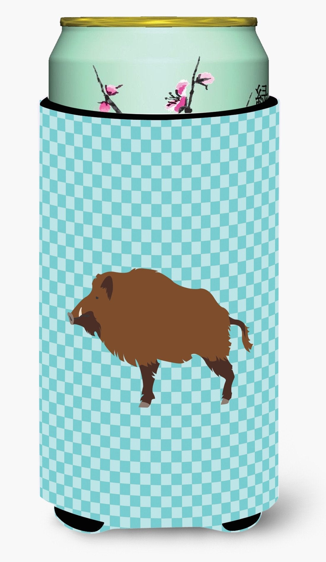 Wild Boar Pig Blue Check Tall Boy Hugger Can Cooler Sleeve Machine Washable Drink Collapsible Insulator Beverage Insulated Holder