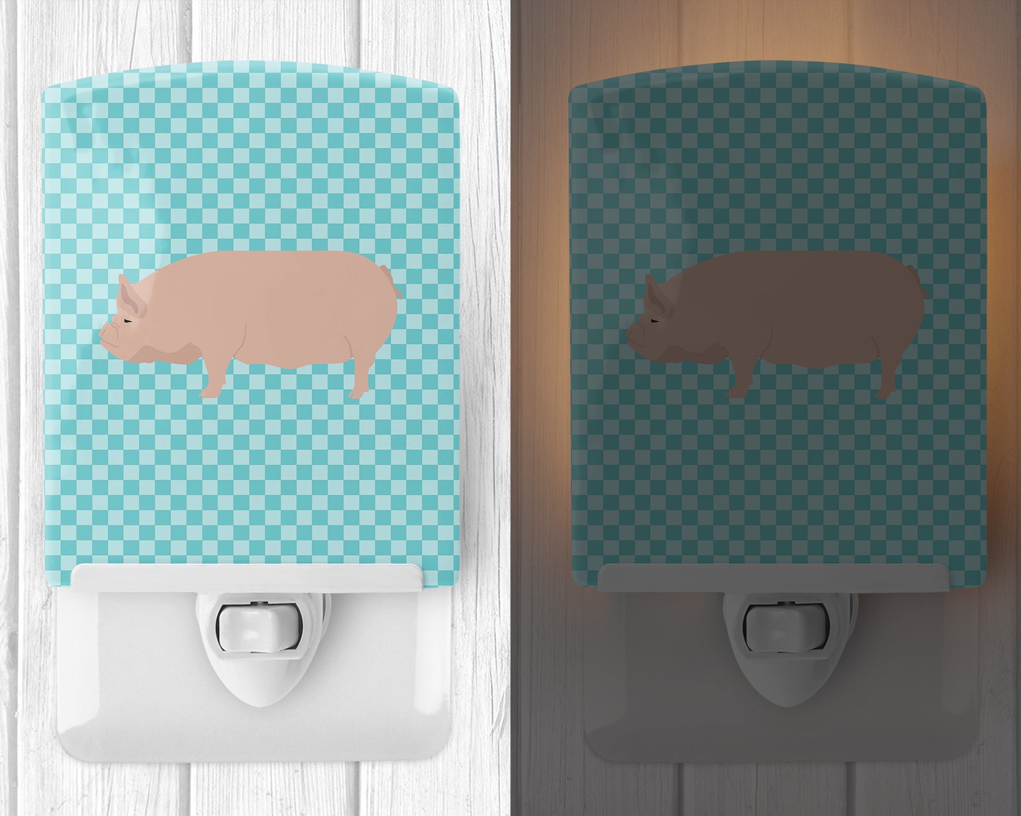 Welsh Pig Blue Check Ceramic Night Light Compact, UL-Certified, Ideal for Bedroom, Bathroom, Nursery, Hallway, Kitchen, 6x4x3, Multicolor