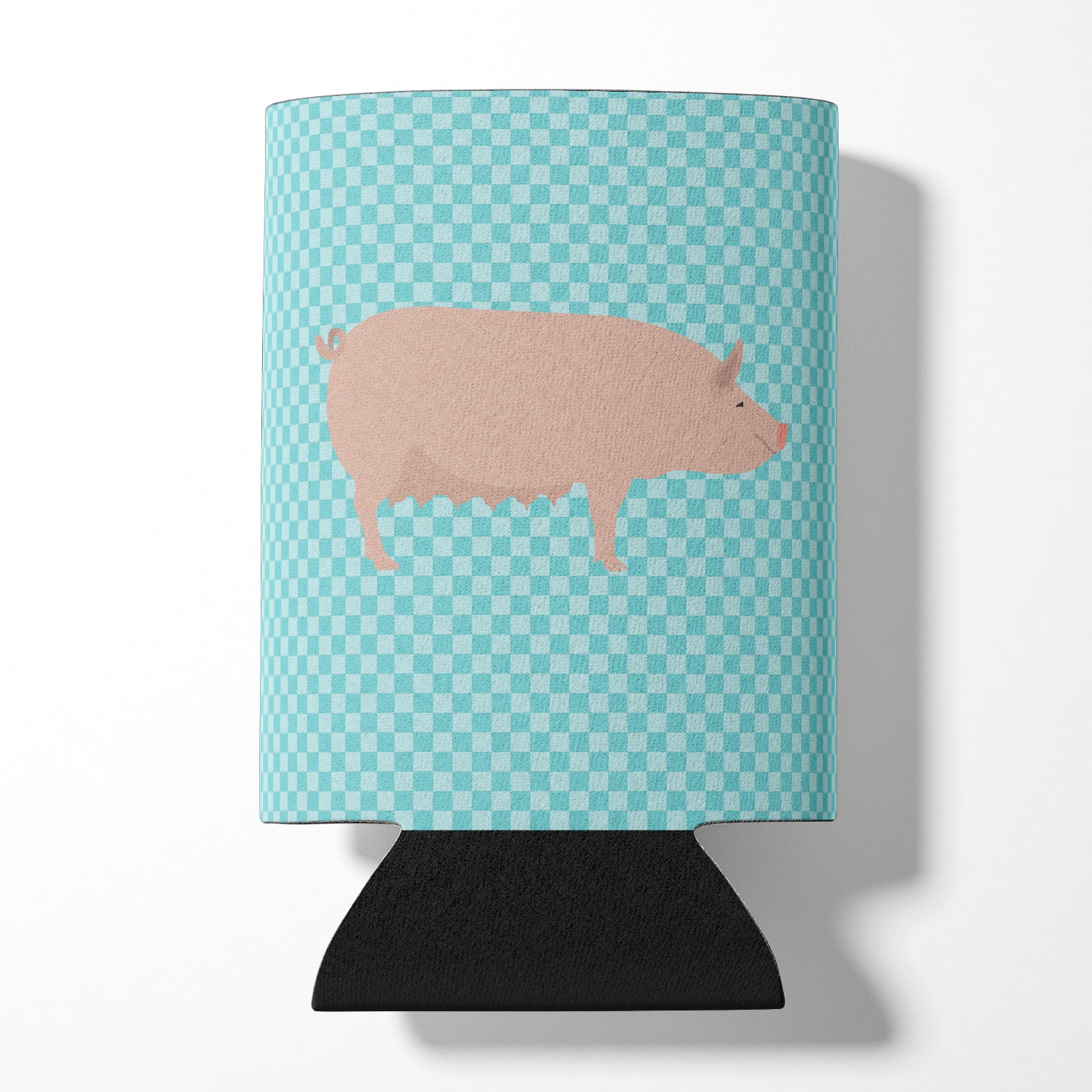 English Large White Pig Blue Check Can or Bottle Hugger Cooler Sleeve for Standard 12 oz Cans, Insulated Foam Beer & Soda Can Hugger Reusable