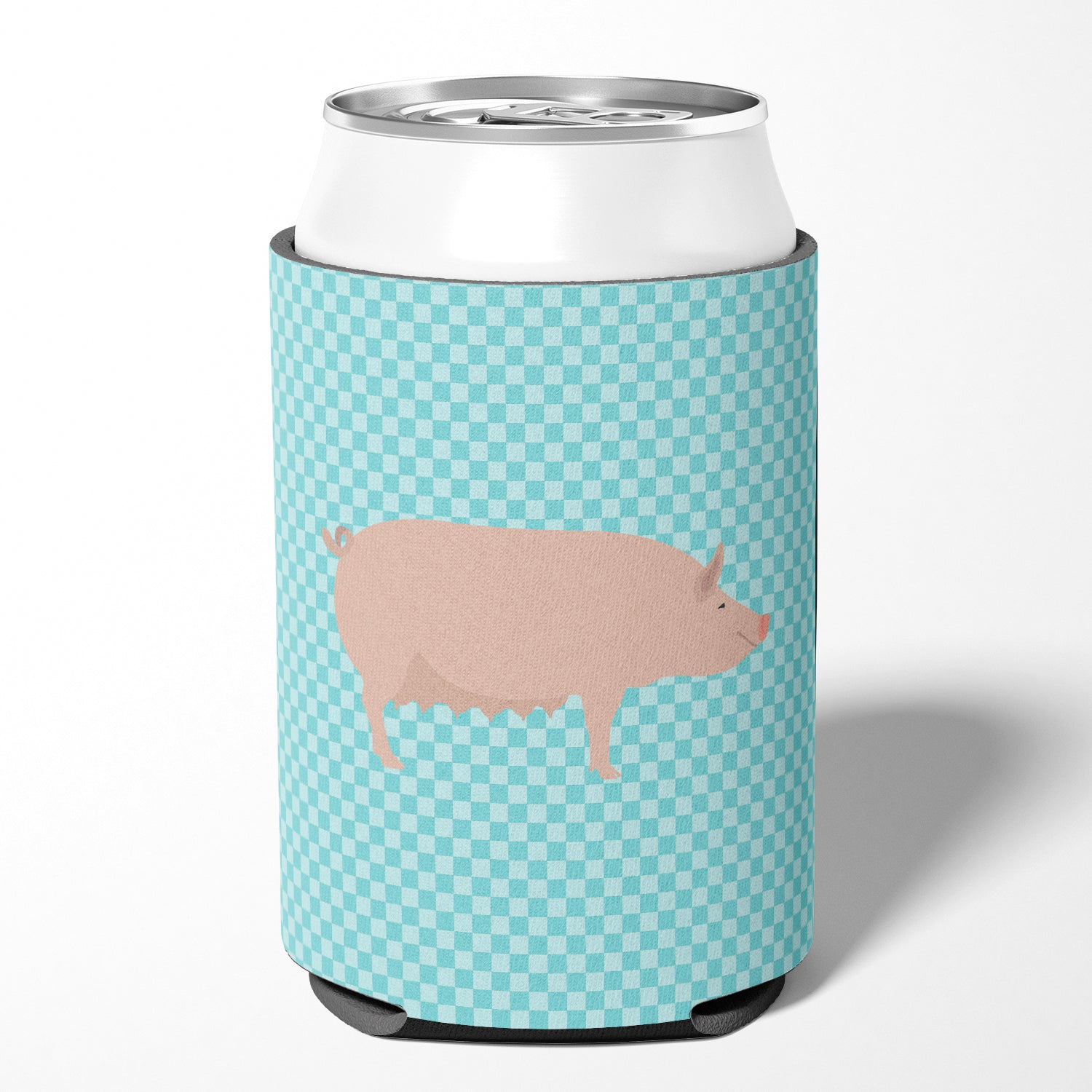 English Large White Pig Blue Check Can or Bottle Hugger Cooler Sleeve for Standard 12 oz Cans, Insulated Foam Beer & Soda Can Hugger Reusable