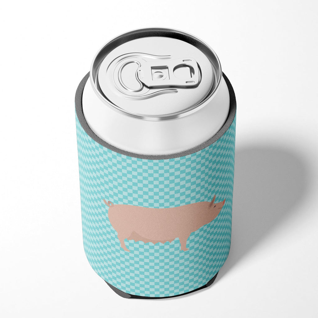English Large White Pig Blue Check Can or Bottle Hugger Cooler Sleeve for Standard 12 oz Cans, Insulated Foam Beer & Soda Can Hugger Reusable