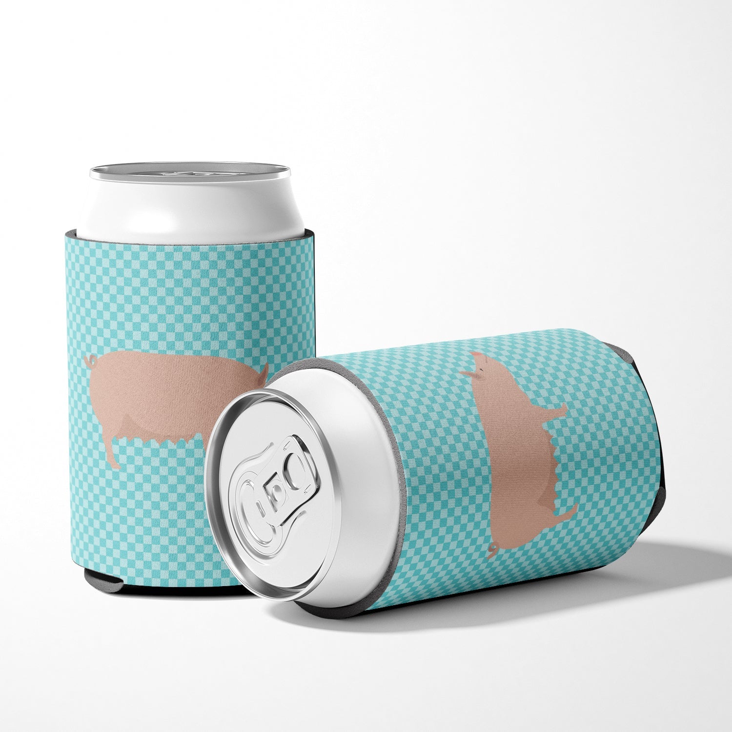English Large White Pig Blue Check Can or Bottle Hugger Cooler Sleeve for Standard 12 oz Cans, Insulated Foam Beer & Soda Can Hugger Reusable