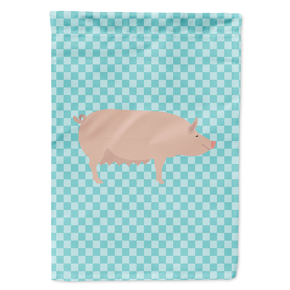 English Large White Pig Blue Check House Flag 28x40 Porch Sleeve Pole Decorative Outside Yard Banner Artwork Wall Hanging, Polyester
