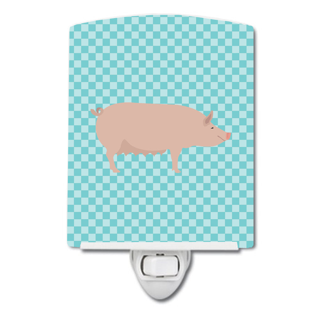 English Large White Pig Blue Check Ceramic Night Light Compact, UL-Certified, Ideal for Bedroom, Bathroom, Nursery, Hallway, Kitchen, 6x4x3, Multicolor
