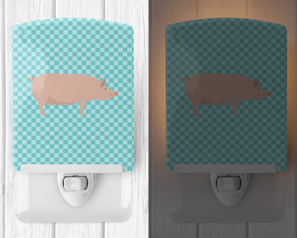 English Large White Pig Blue Check Ceramic Night Light Compact, UL-Certified, Ideal for Bedroom, Bathroom, Nursery, Hallway, Kitchen, 6x4x3, Multicolor
