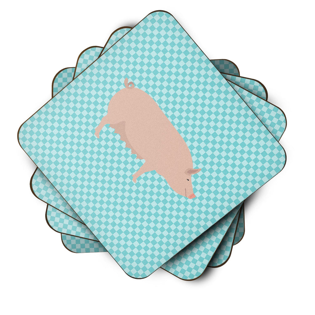 English Large White Pig Blue Check Foam Coasters Set of 4 Cup Coasters for Indoor Outdoor, Tabletop Protection, Anti Slip, Mouse pad Material