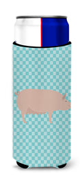 English Large White Pig Blue Check Slim Can Hugger , Insulated Foam Hugger for 12 oz Slim Cans, Beer Bottles & Water Bottles, Printed in USA