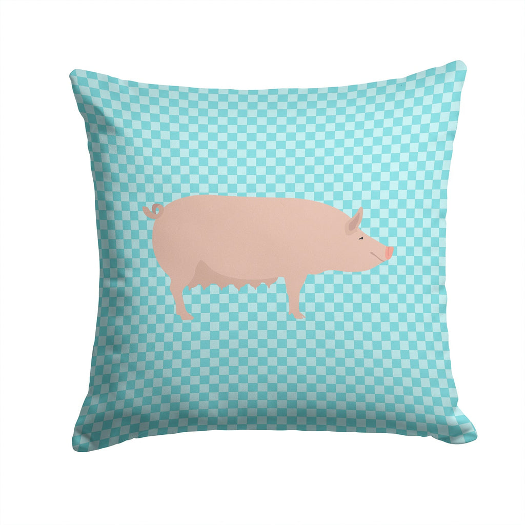 English Large White Pig Blue Check Decorative Throw Pillow 14x14 Indoor Outdoor Accent Cushion, Fabric Cover with Insert for Sofa, Bed, Porch & Living Room