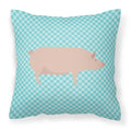 English Large White Pig Blue Check Decorative Throw Pillow 18x18 Indoor Outdoor Accent Cushion, Fabric Cover with Insert for Sofa, Bed, Porch & Living Room