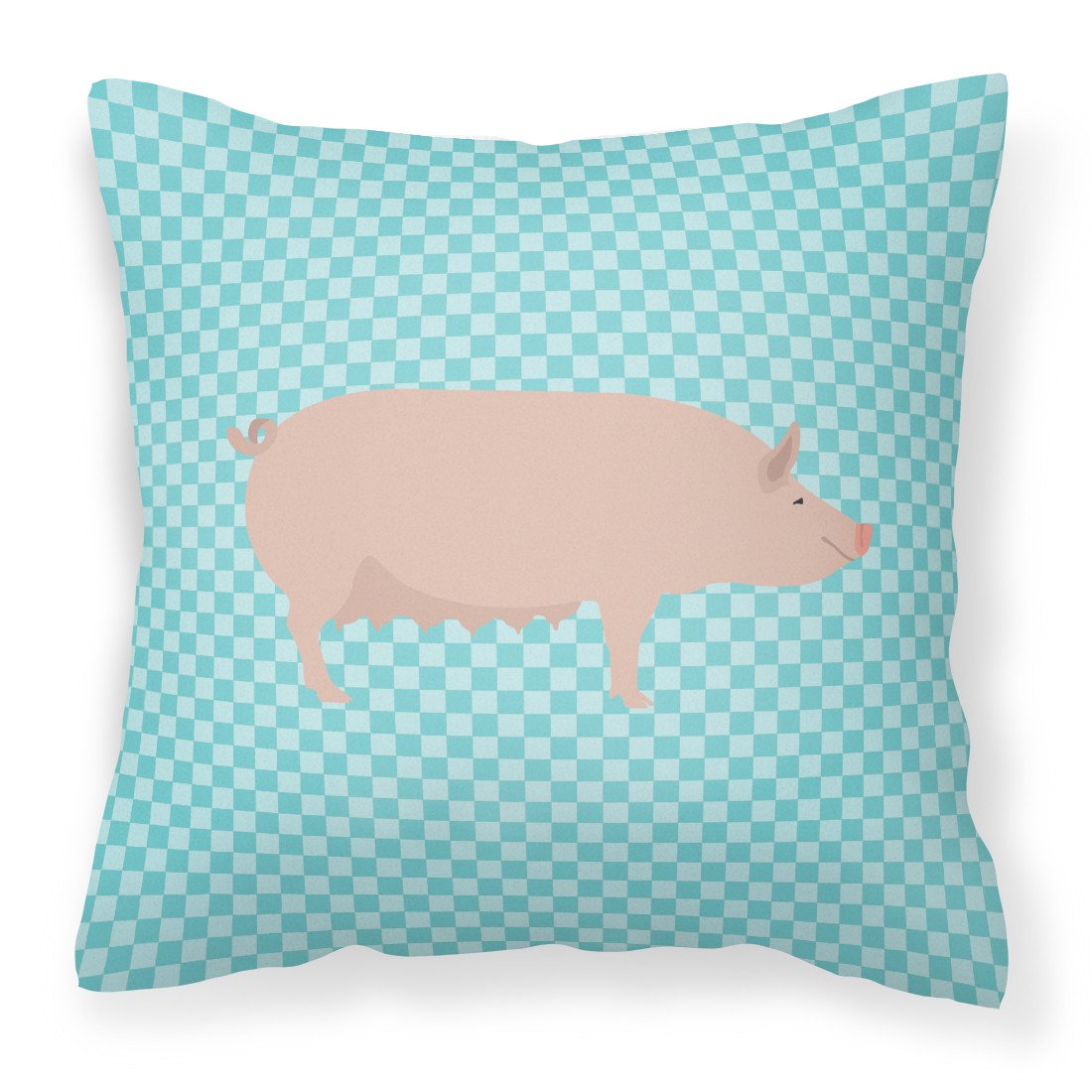 English Large White Pig Blue Check Decorative Throw Pillow 18x18 Indoor Outdoor Accent Cushion, Fabric Cover with Insert for Sofa, Bed, Porch & Living Room