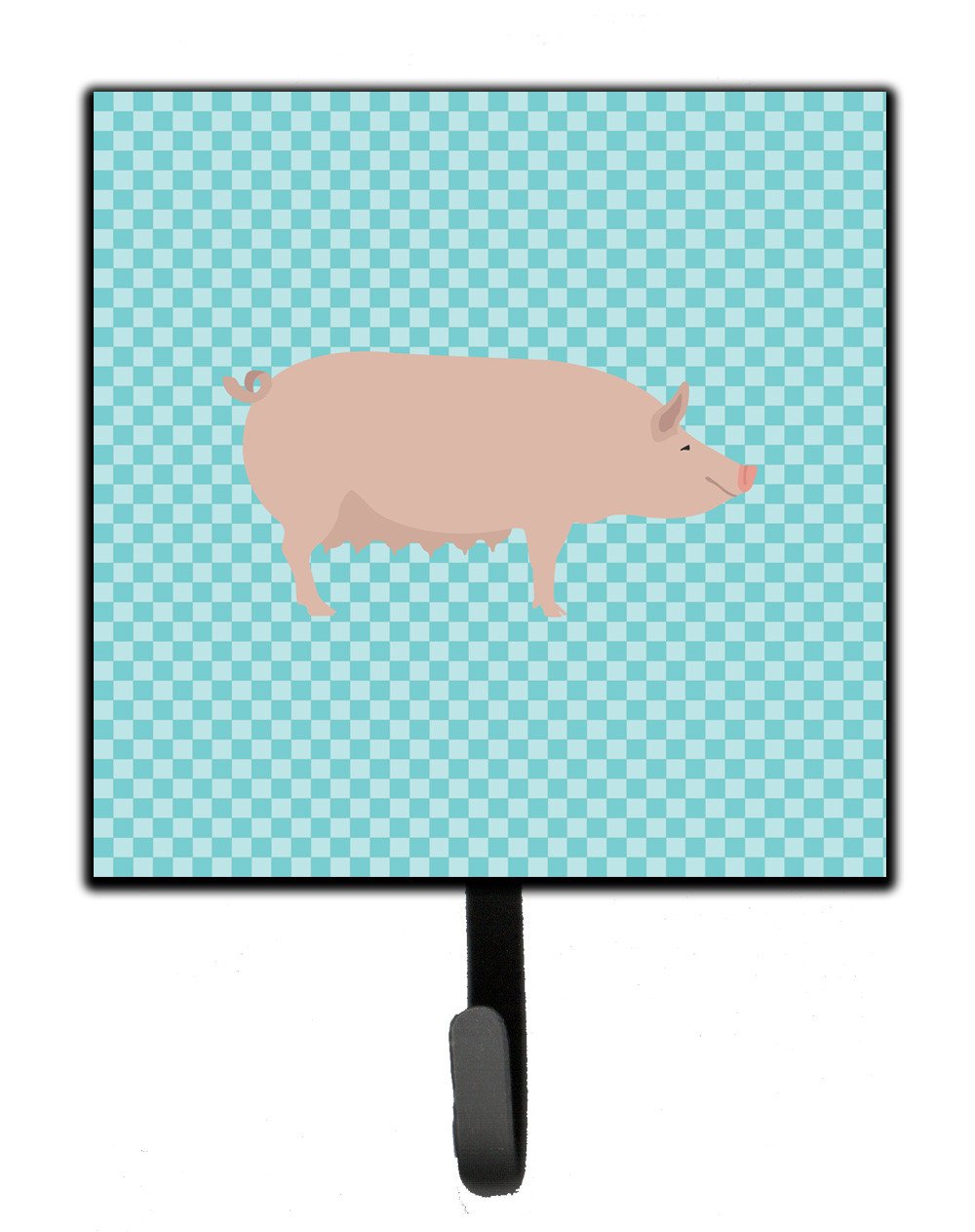 English Large White Pig Blue Check Leash or Key Holder Wall Hooks, Key Hooks Holder, Coat Rack Wall Mount, Coat Hooks, Hooks for Hanging Keys, Towels, Aprons, Leashes