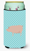 English Large White Pig Blue Check Tall Boy Hugger Can Cooler Sleeve Machine Washable Drink Collapsible Insulator Beverage Insulated Holder
