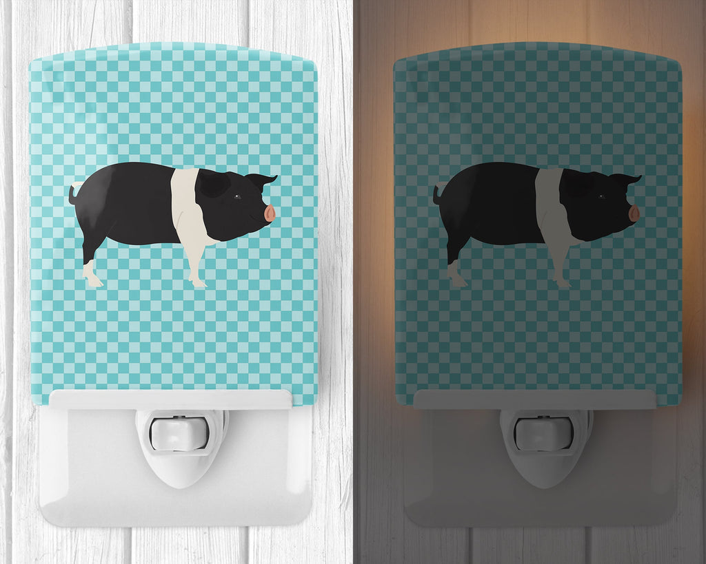 Hampshire Pig Blue Check Ceramic Night Light Compact, UL-Certified, Ideal for Bedroom, Bathroom, Nursery, Hallway, Kitchen, 6x4x3, Multicolor