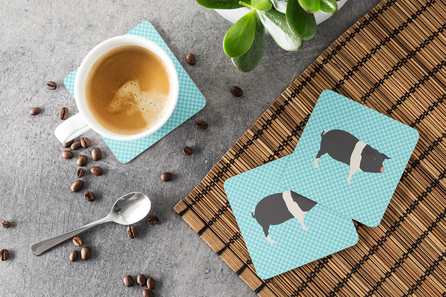 Hampshire Pig Blue Check Foam Coasters Set of 4 Cup Coasters for Indoor Outdoor, Tabletop Protection, Anti Slip, Mouse pad Material