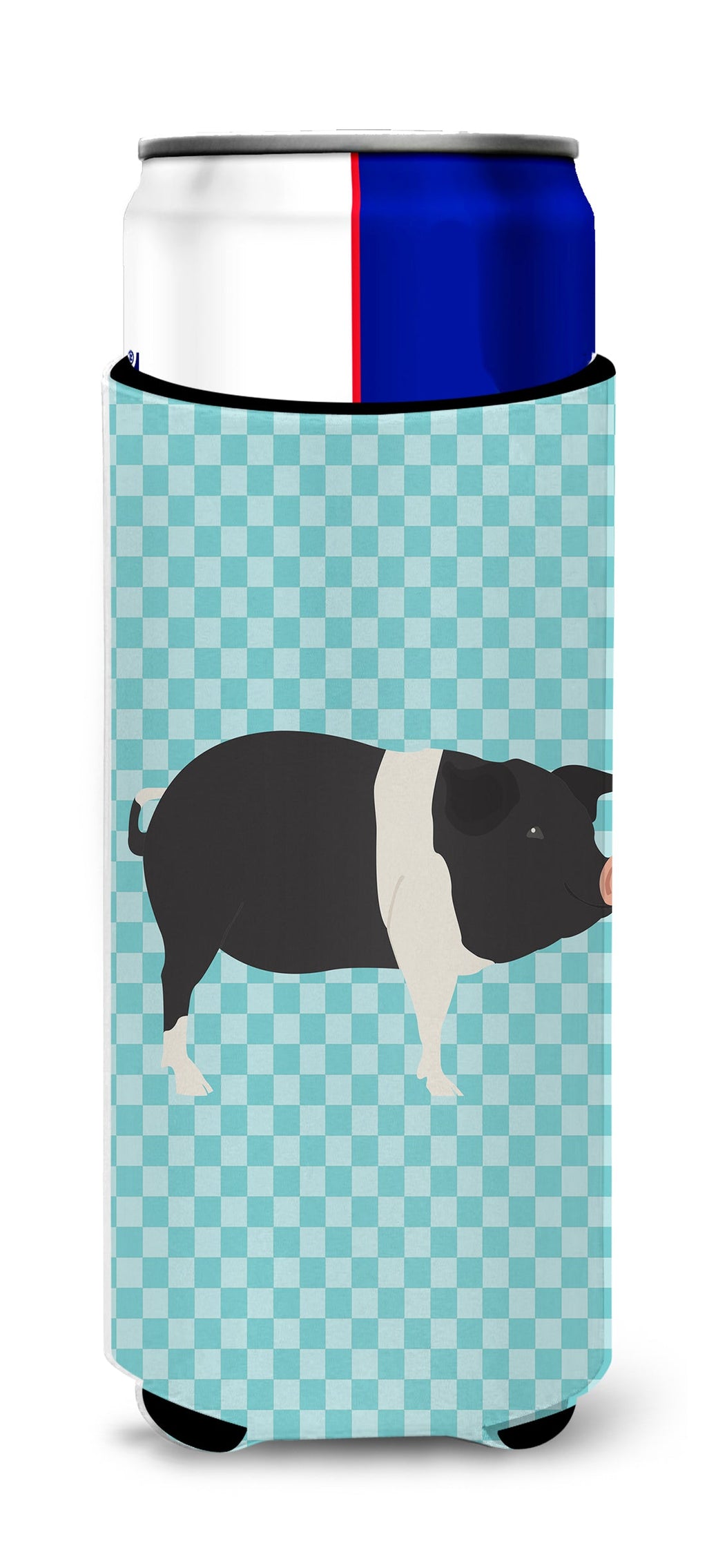 Hampshire Pig Blue Check Slim Can Hugger , Insulated Foam Hugger for 12 oz Slim Cans, Beer Bottles & Water Bottles, Printed in USA