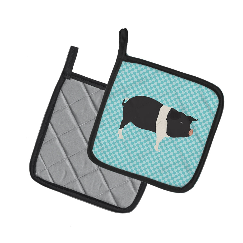 Hampshire Pig Blue Check Pot Holder Set of 2 Heat Resistant Quilted Hot Pads 7.5 x 7.5 Inch, Insulated Kitchen Trivets for Cooking & Baking