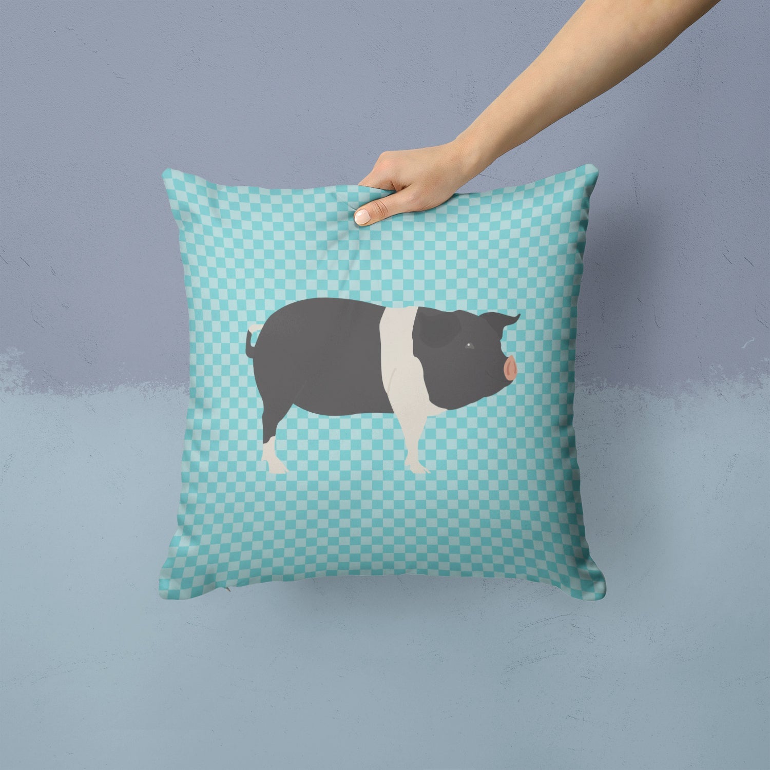 Hampshire Pig Blue Check Decorative Throw Pillow 14x14 Indoor Outdoor Accent Cushion, Fabric Cover with Insert for Sofa, Bed, Porch & Living Room