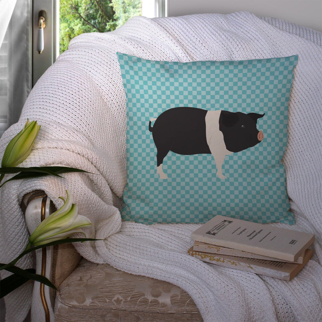 Hampshire Pig Blue Check Decorative Throw Pillow 14x14 Indoor Outdoor Accent Cushion, Fabric Cover with Insert for Sofa, Bed, Porch & Living Room