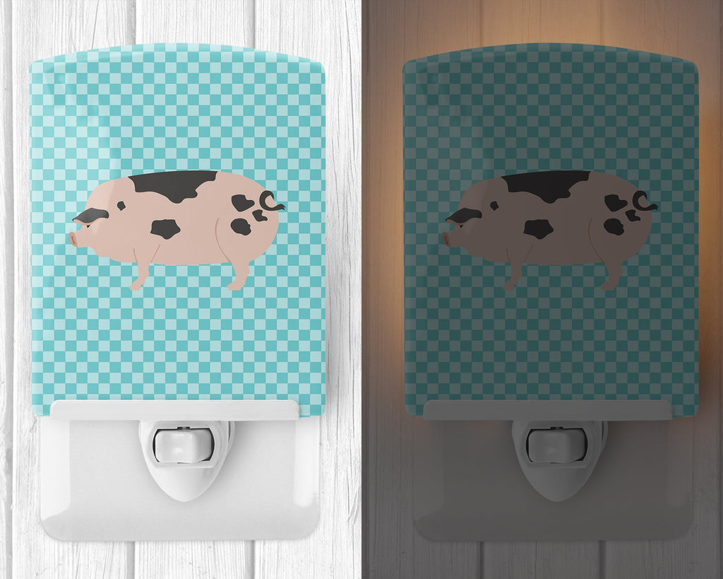 Gloucester Old Spot Pig Blue Check Ceramic Night Light Compact, UL-Certified, Ideal for Bedroom, Bathroom, Nursery, Hallway, Kitchen, 6x4x3, Multicolor
