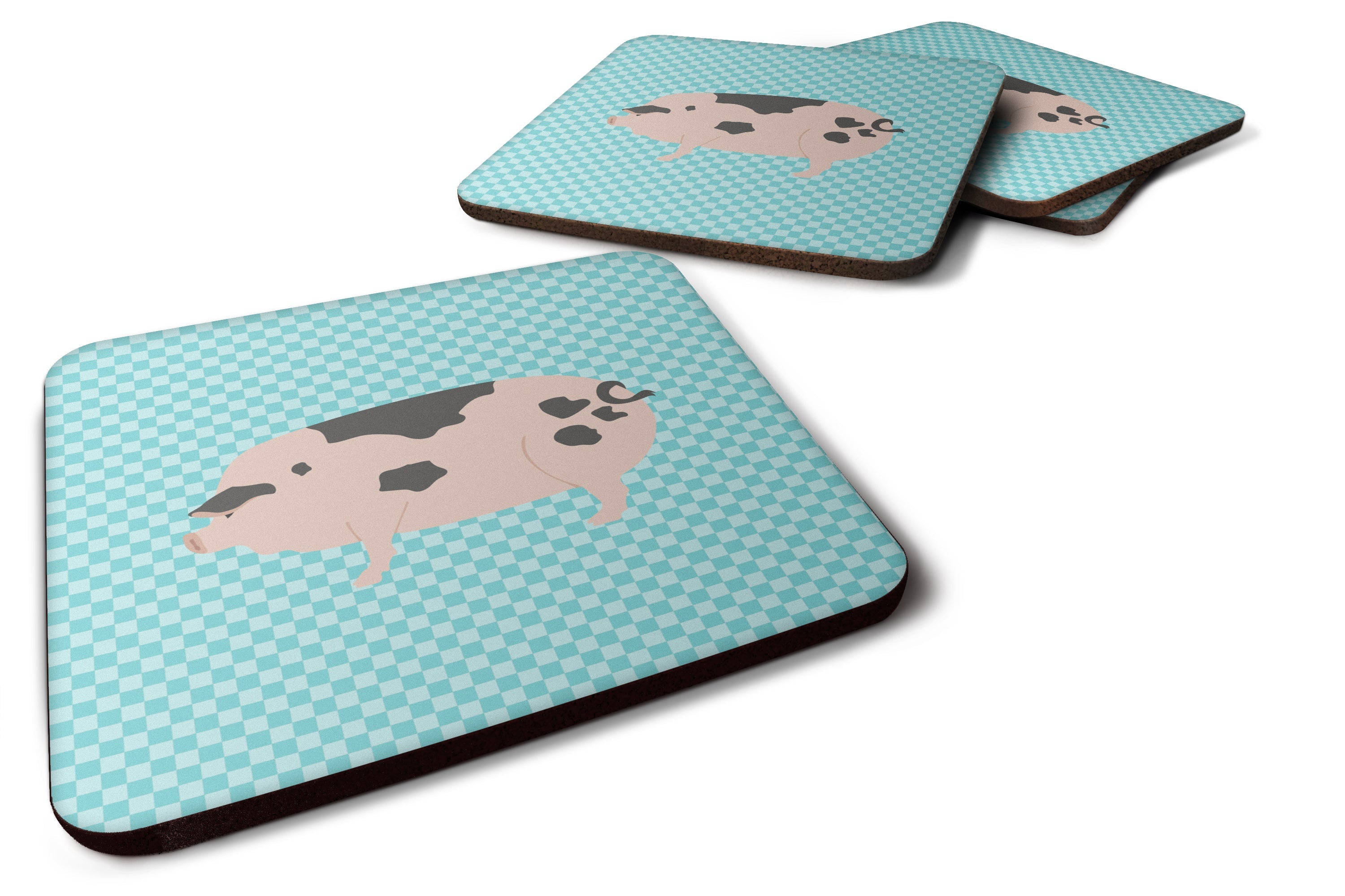 Gloucester Old Spot Pig Blue Check Foam Coasters Set of 4 Cup Coasters for Indoor Outdoor, Tabletop Protection, Anti Slip, Mouse pad Material