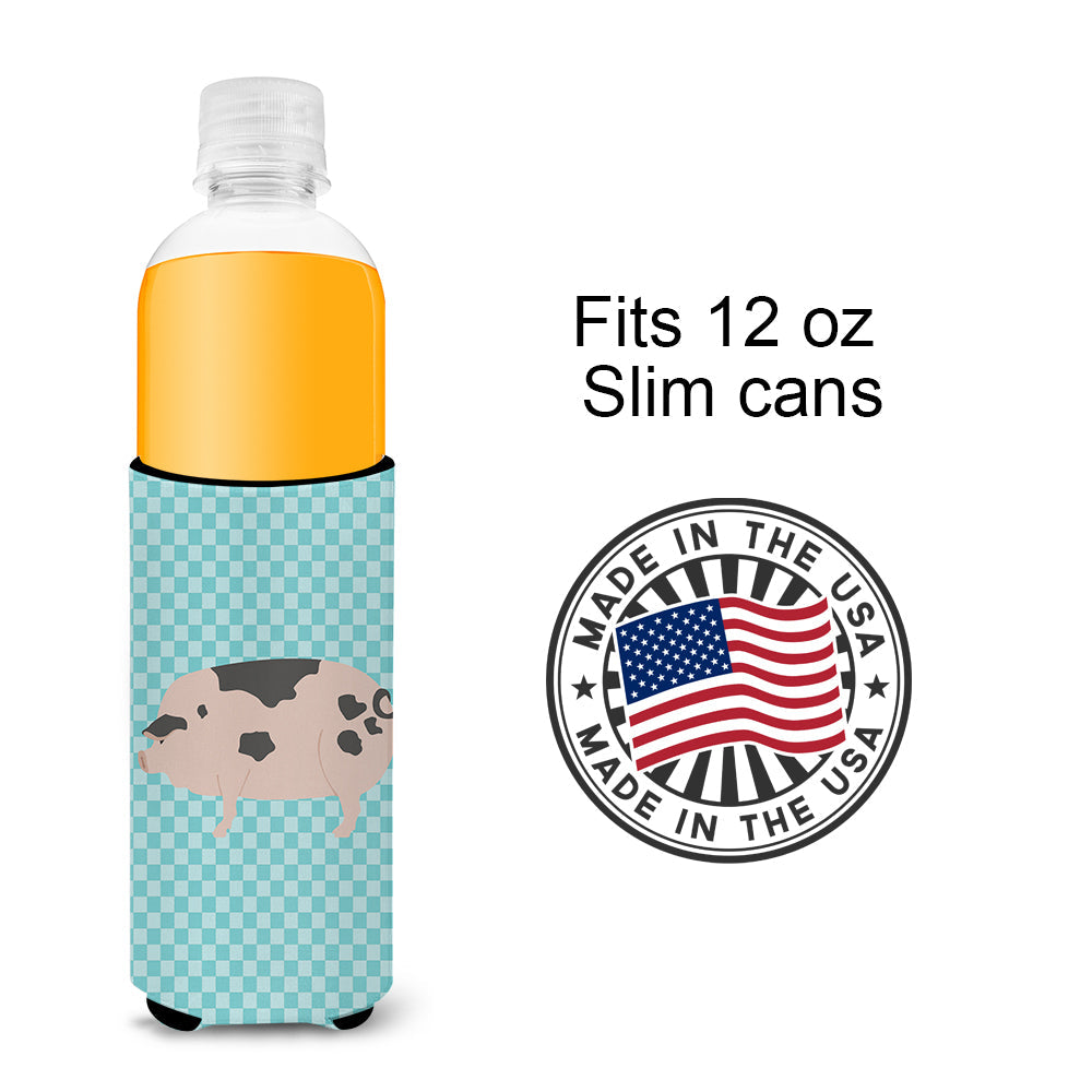 Gloucester Old Spot Pig Blue Check Slim Can Hugger , Insulated Foam Hugger for 12 oz Slim Cans, Beer Bottles & Water Bottles, Printed in USA