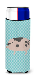 Gloucester Old Spot Pig Blue Check Slim Can Hugger , Insulated Foam Hugger for 12 oz Slim Cans, Beer Bottles & Water Bottles, Printed in USA