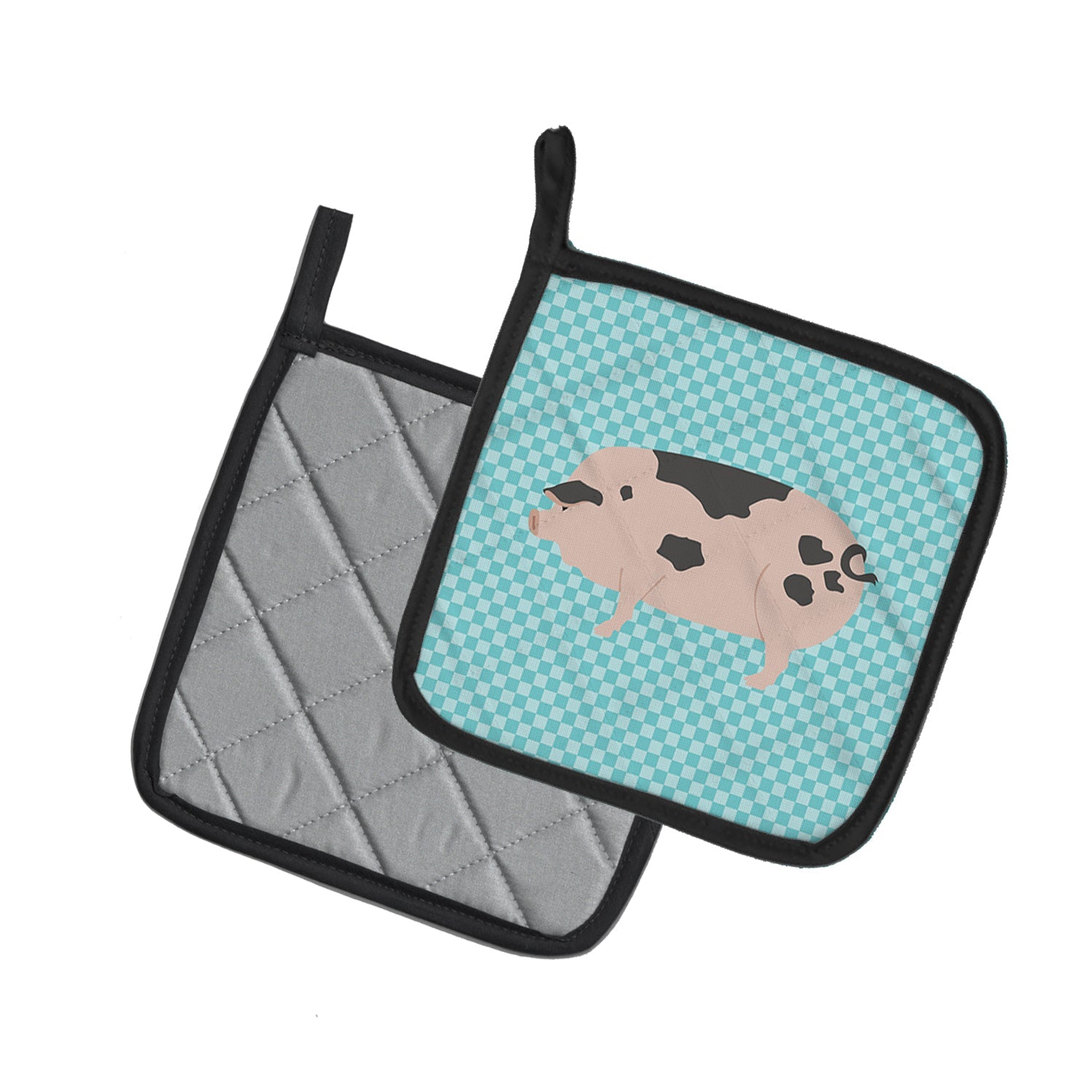 Gloucester Old Spot Pig Blue Check Pot Holder Set of 2 Heat Resistant Quilted Hot Pads 7.5 x 7.5 Inch, Insulated Kitchen Trivets for Cooking & Baking
