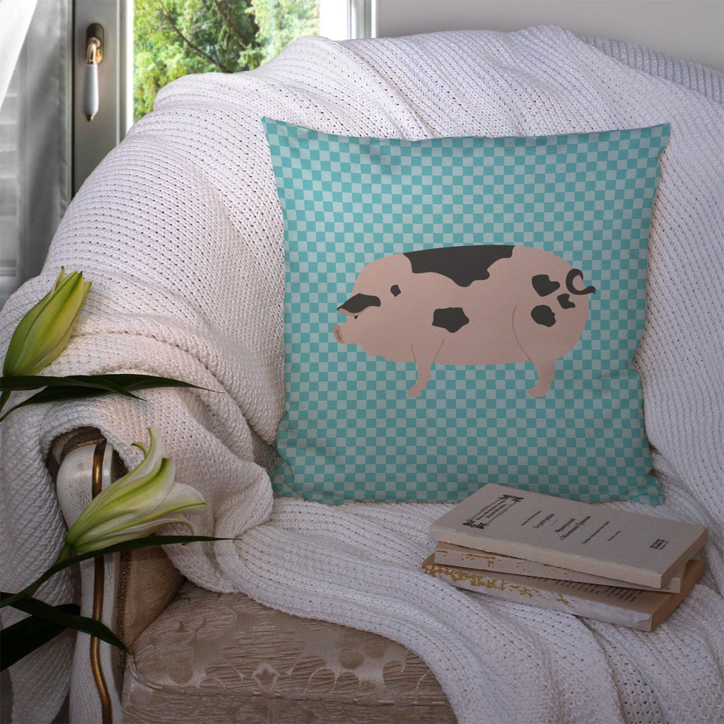 Gloucester Old Spot Pig Blue Check Decorative Throw Pillow 14x14 Indoor Outdoor Accent Cushion, Fabric Cover with Insert for Sofa, Bed, Porch & Living Room